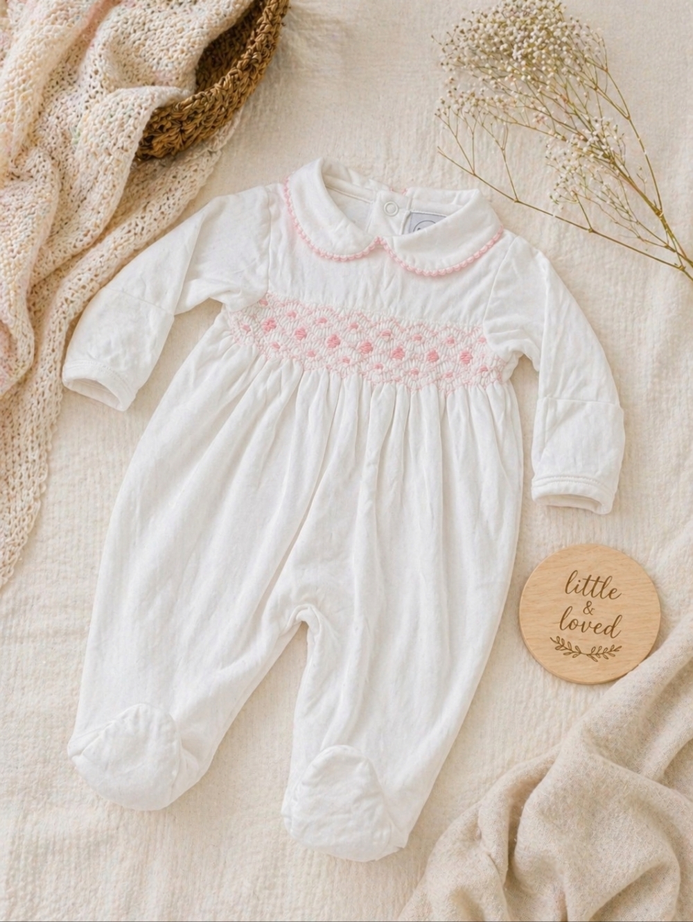 PEPA London 1M Smocked Footie | Classic White & Pink Heirloom One Piece